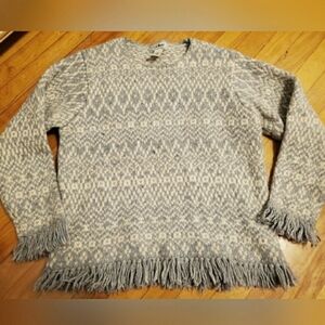 Vintage L.L. Bean fringe sweater. Wool blend. Grey-blue and cream. Fair Isle. M.